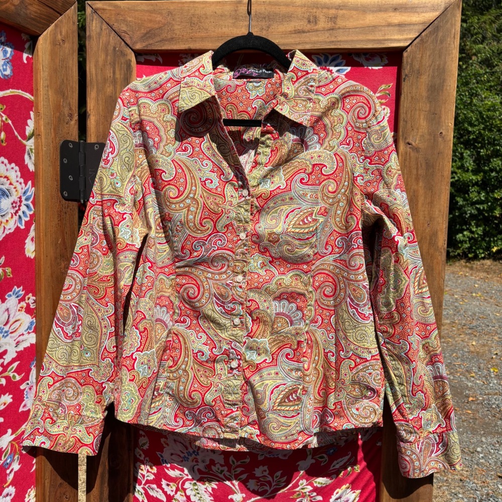 Red Paisley Retro Boho Relaxed Fit‎ Funky Button Up Blouse Women's Size L-XL